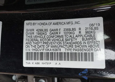 2019 Honda Accord Lx из США, поврежденный, VIN 1HGCV1F10KA163878